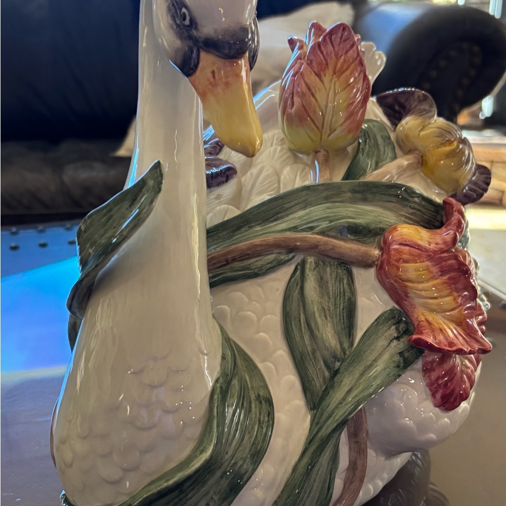 Fitz and Floyd Swan Ceramic soup Tourine with Floral Accents